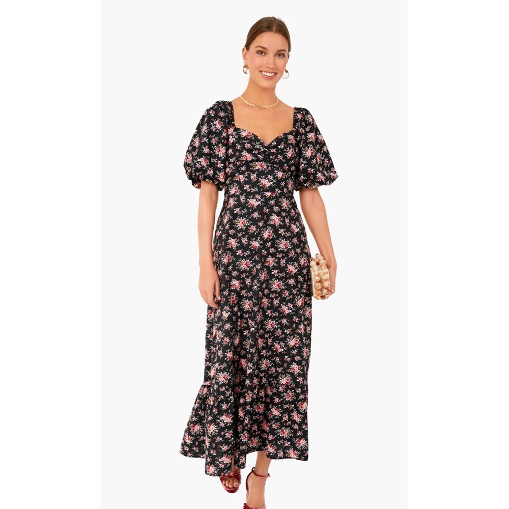 Tuckernuck Hyacinth House Black Floral Seaport Midi Dress, Size Small